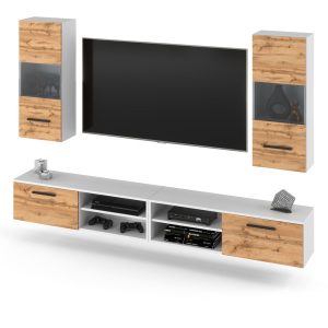 Meblościanka młodzieżowa do salonu rtv 240cm biała dąb wotan 373948 Meblościanka młodzieżowa do salonu rtv 240cm biała dąb wotan 373948