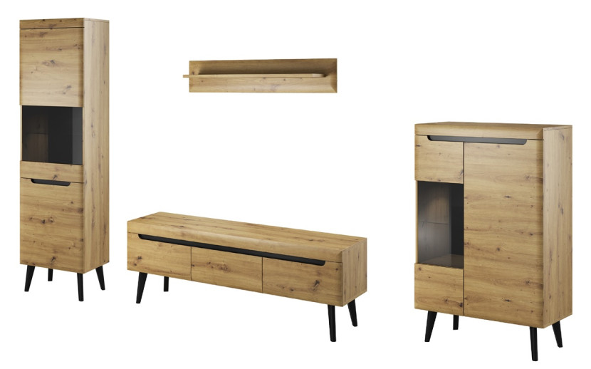 Meblościanka Nordan do salonu - dąb artisan/czarny + LED 325217