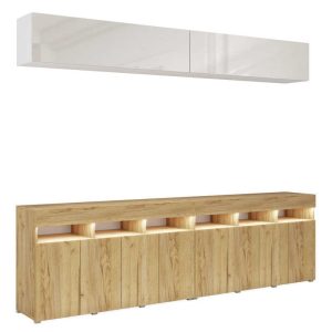 Meblościanka PREMIUM do salonu 280 cm biały połysk/dąb craft złoty 749061