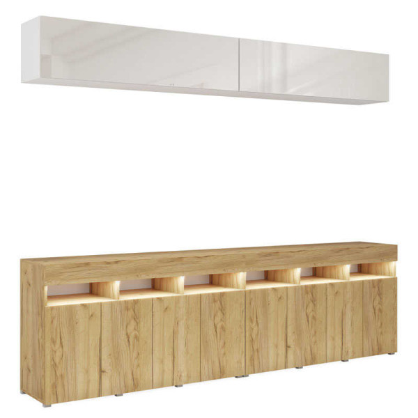 Meblościanka PREMIUM do salonu 280 cm biały połysk/dąb craft złoty 749061