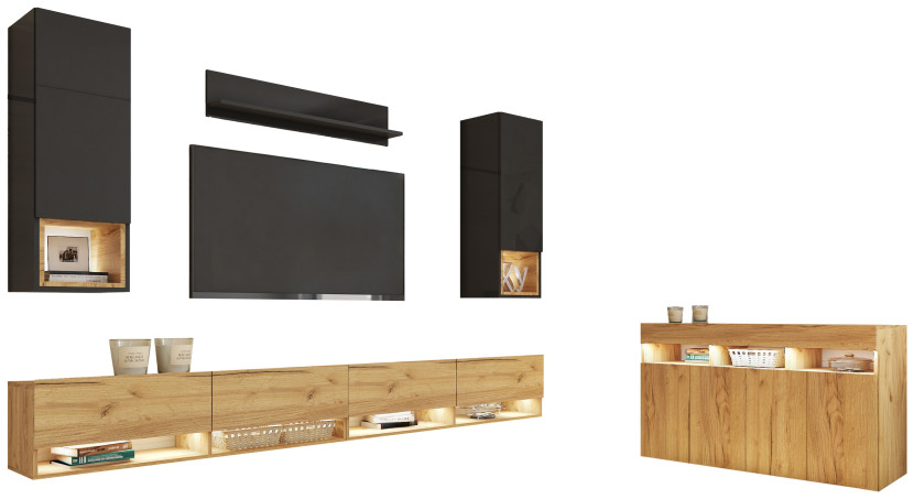 Meblościanka z komodą PREMIUM czarny/dąb craft złoty 754431