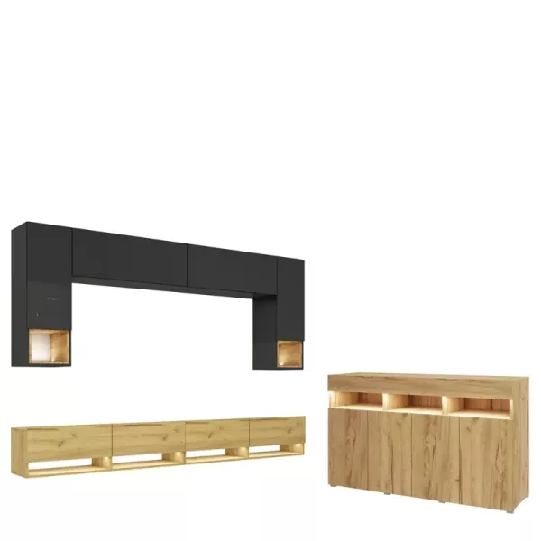 Meblościanka z komodą PREMIUM dąb craft złoty/czarny 749051
