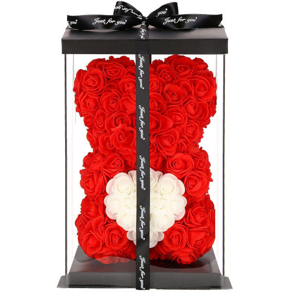 Miś z róż 22 cm czerwony, miś różany z pudełkiem dekoracja 401539