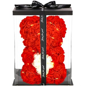 Miś z róż 22 cm czerwony, różany LED ciepły biały dekoracja 401217 Miś z róż 22 cm czerwony, różany LED ciepły biały dekoracja 401217
