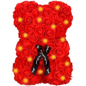 Miś z róż 22 cm czerwony, różany LED ciepły biały dekoracja 401216 Miś z róż 22 cm czerwony, różany LED ciepły biały dekoracja 401216