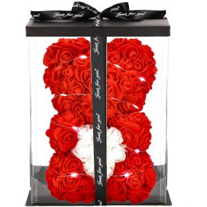 Miś z róż 22 cm czerwony, różany LED zimny biały dekoracja 401218 Miś z róż 22 cm czerwony, różany LED zimny biały dekoracja 401218