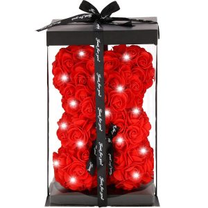 Miś z róż 22 cm czerwony, różany LED zimny biały dekoracja 401213 Miś z róż 22 cm czerwony, różany LED zimny biały dekoracja 401213