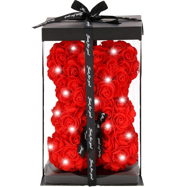 Miś z róż 22 cm czerwony, różany LED zimny biały dekoracja 401213