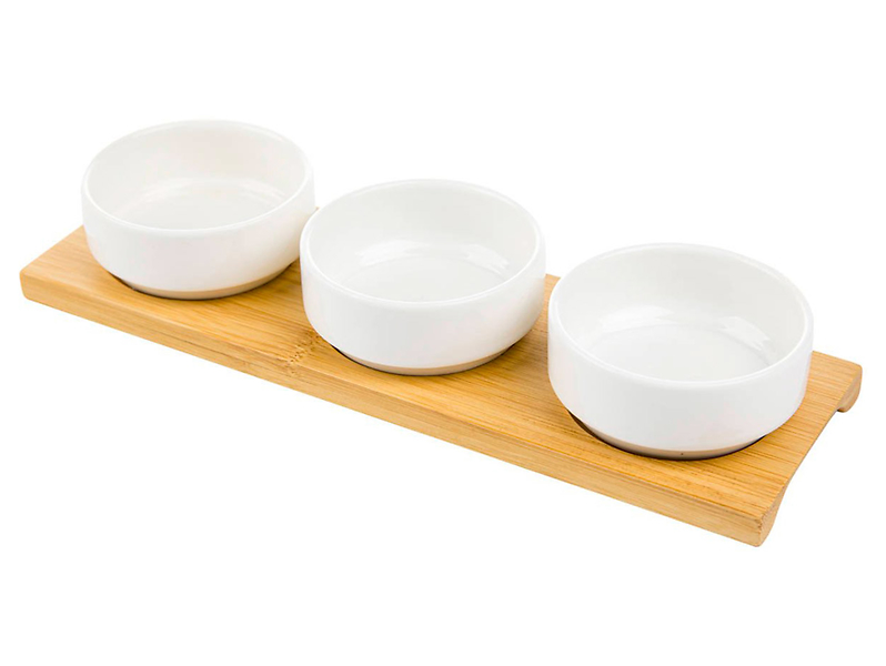Miseczki na bambusowej podstawce Adria porcelanowe 3 szt. białe 50542