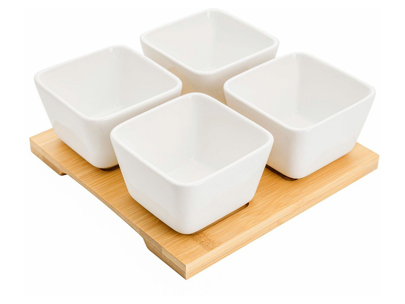 Miseczki na bambusowej podstawce Adria porcelanowe 4 szt. białe 50541