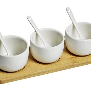 Miski na bambusowej podstawce porcelanowe 3 szt. białe 48407 Miski na bambusowej podstawce porcelanowe 3 szt. białe 48407