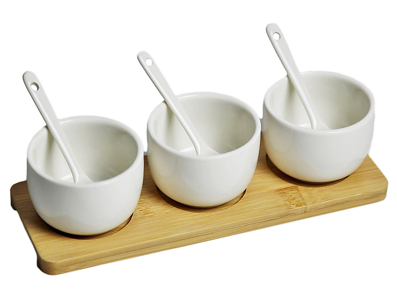 Miski na bambusowej podstawce porcelanowe 3 szt. białe 48407