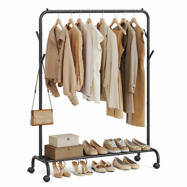 Mobilny stalowy wieszak z półką, czarny, 155 cm 766446