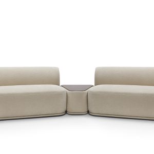 Modułowa sofa + trójkątna pufa z blatem beżowa NOBIS z zaokrąglonymi bokami 726329 Modułowa sofa + trójkątna pufa z blatem beżowa NOBIS z zaokrąglonymi bokami 726329