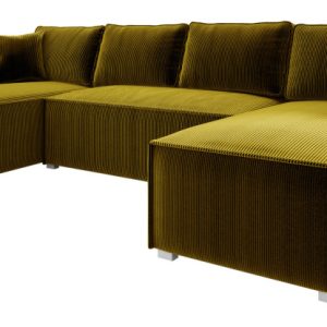 Musztardowa sofa narożna do spania NOEMI U kształtna pojemnik na pościel 519778