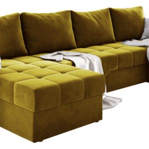 Musztardowa sofa narożna w kształcie U MIO na sprężynach welurowa 649051 Musztardowa sofa narożna w kształcie U MIO na sprężynach welurowa 649051