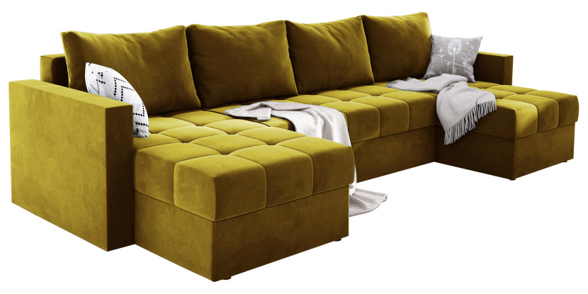 Musztardowa sofa narożna w kształcie U MIO na sprężynach welurowa 649051