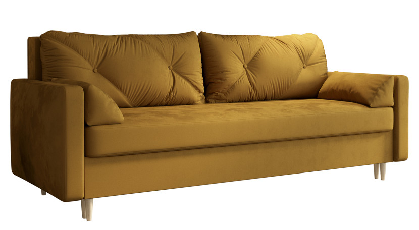 Musztardowa sofa rozkładana z pojemnikiem na pościel - Elvian 357498