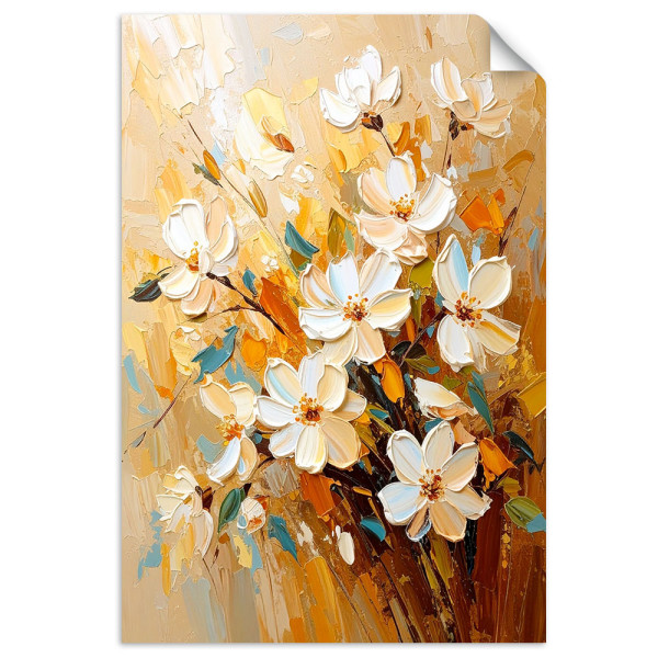 Naklejka na ścianę do salonu Feeby Białe Kwiaty efekt farby olejnej 100x150 734635