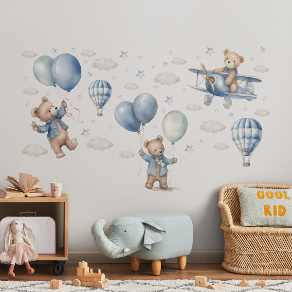 Naklejki Na Ścianę Akwarelowe Misie i Balony ZESTAW 117228