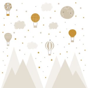 NAKLEJKI NA ŚCIANĘ DLA DZIECI BEŻOWE GÓRY GWIAZDY BALONY CHMURKI ZESTAW 637032