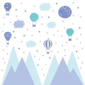 NAKLEJKI NA ŚCIANĘ DLA DZIECI KOLOROWE GÓRY BALONY CHMURKI GWIAZDY ZESTAW 637015