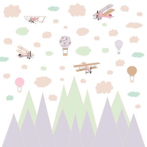 NAKLEJKI ŚCIENNE DLA DZIECI ZIELONE GÓRY BALONY SAMOLOTY STYL RETRO ZESTAW 637018 NAKLEJKI ŚCIENNE DLA DZIECI ZIELONE GÓRY BALONY SAMOLOTY STYL RETRO ZESTAW 637018