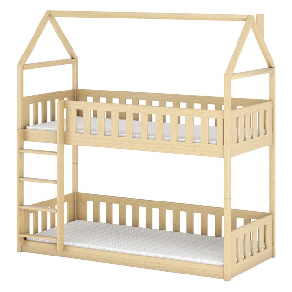 Piętrowe łóżko domek ze stelażem flex i drabinką POLA 90x190 sosna 871468