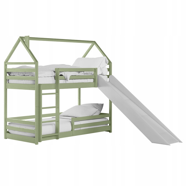 Piętrowe łóżko domek ze zjeżdżalnią i stelażem flex PLAY 80x200 oliwka 871906