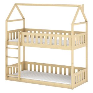 Piętrowe łóżko dziecięce w kształcie domku ze stelażem POLA 80×180 sosna 871948
