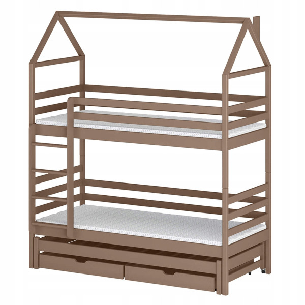 Piętrowe łóżko w kształcie domu z szufladami DALIA 80x160 mleczna czekolada 941759