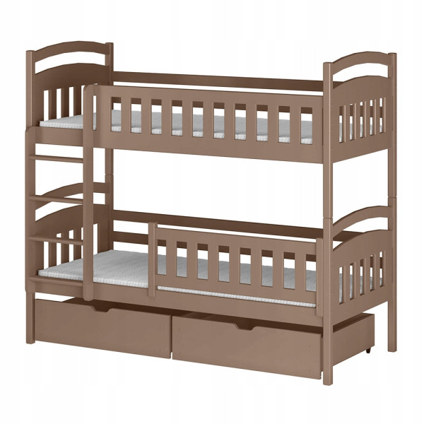 Piętrowe łóżko z 2 szufladami i barierkami IGNAŚ 90x180 mleczna czekolada 941913