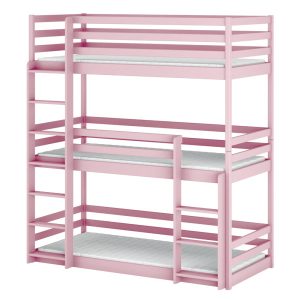 Piętrowe potrójne łóżko dziecięce z drabinką i barierkami TED 90×190 różowe 879279 Piętrowe potrójne łóżko dziecięce z drabinką i barierkami TED 90×190 różowe 879279