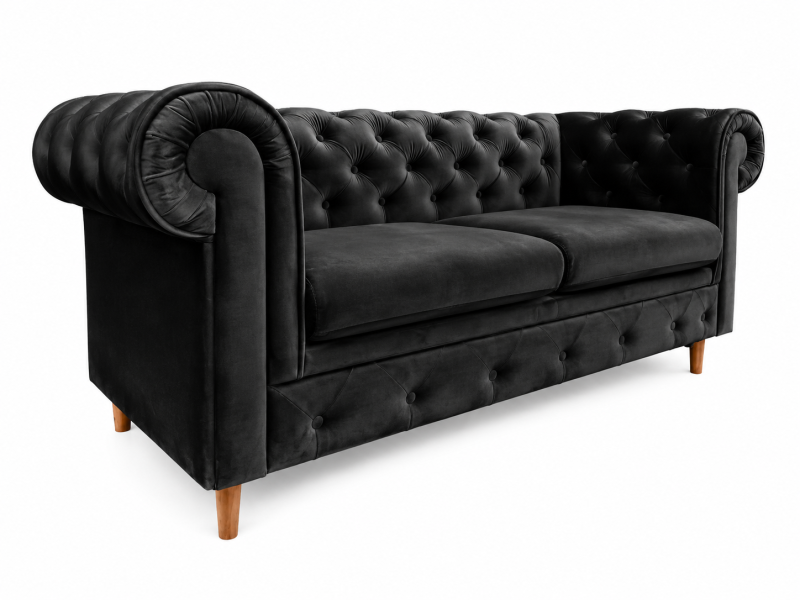 Pikowana sofa 2 osobowa Chesterfield Prima czarna velvet olcha 212 cm 237423