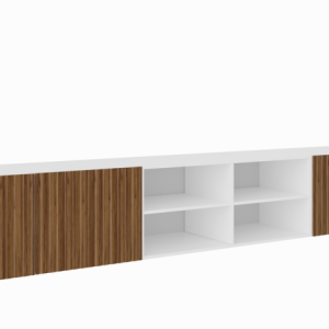 Szafka RTV RIO 300cm otwarta z półkami do salonu, ryflowana- biały+katania 754599 Szafka RTV RIO 300cm otwarta z półkami do salonu, ryflowana- biały+katania 754599
