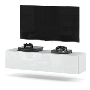 Szafka rtv stolik wiszący do salonu tv 140cm biały połysk 373997 Szafka rtv stolik wiszący do salonu tv 140cm biały połysk 373997