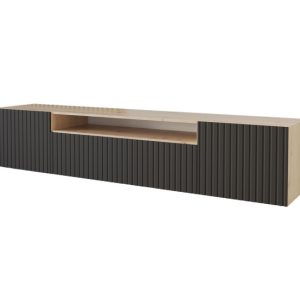 Szafka RTV z frezowanymi frontami wisząca KITO-W – 200x40x41 cm – Czarny 644155 Szafka RTV z frezowanymi frontami wisząca KITO-W – 200x40x41 cm – Czarny 644155