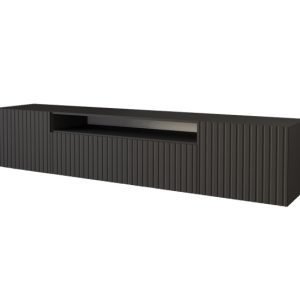 Szafka RTV z frezowanymi frontami wisząca KITO-W – 200x40x41 cm – Czarny 644187 Szafka RTV z frezowanymi frontami wisząca KITO-W – 200x40x41 cm – Czarny 644187