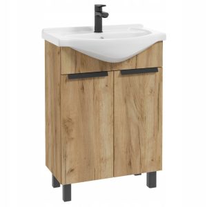 Szafka Stojąca Łazienkowa Dąb Craft Złoty z Umywalką 60 cm Uchwyty Czarne 480787 Szafka Stojąca Łazienkowa Dąb Craft Złoty z Umywalką 60 cm Uchwyty Czarne 480787