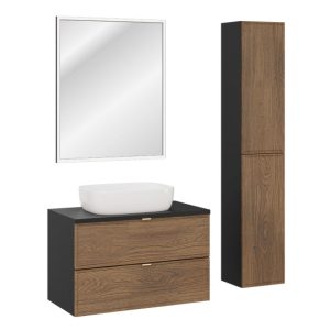 Szafka z Blatem 80 cm Umywalka Lustro LED i Półsłupki Talia Casella 643642 Szafka z Blatem 80 cm Umywalka Lustro LED i Półsłupki Talia Casella 643642