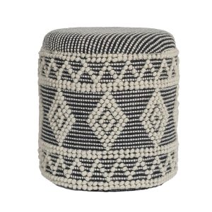 Szary-Beżowy Stołek z Wełny 40×45 cm Okrągły Boho Pojemnik Tapicerowany 770398