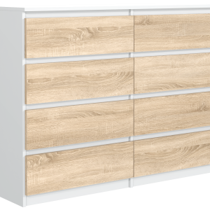 Szeroka komoda 8 szuflad 140cm biała front dąb sonoma pojemna szafka salonu 713747 Szeroka komoda 8 szuflad 140cm biała front dąb sonoma pojemna szafka salonu 713747