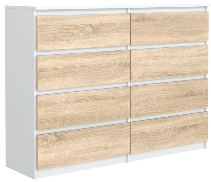 Szeroka komoda 8 szuflad 140cm biała front dąb sonoma pojemna szafka salonu 713747
