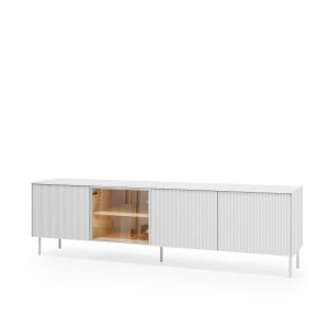 Szeroka szafka RTV na wysokich nogach ryflowana LIBA 195 cm z LED Biały 1079179 Szeroka szafka RTV na wysokich nogach ryflowana LIBA 195 cm z LED Biały 1079179