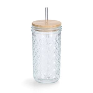 Szklanka z metalową słomką i wieczkiem z bambusa, 580 ml 209605 Szklanka z metalową słomką i wieczkiem z bambusa, 580 ml 209605