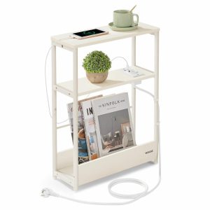 Wąski biały stolik boczny 3 półki z gniazdkiem i 2x USB 18x45x58 cm stal 1064598 Wąski biały stolik boczny 3 półki z gniazdkiem i 2x USB 18x45x58 cm stal 1064598
