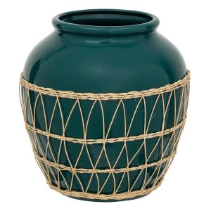Wazon z dolomitu petrol z rattanem 33,5 cm 434601 Wazon z dolomitu petrol z rattanem 33,5 cm 434601