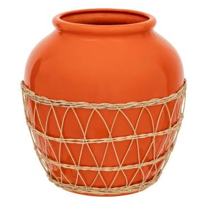 Wazon z dolomitu pomarańczowy z rattanem 33,5 cm 434600 Wazon z dolomitu pomarańczowy z rattanem 33,5 cm 434600
